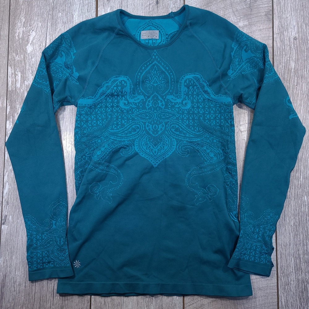 Athleta Momentum Top Womens Medium Teal Paisley Seamless Long Sleeve Thumbhole